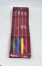 Vintage Fondue Forks Stainless Steel MultiColor Handles - Set Of 4 w Box - Japan