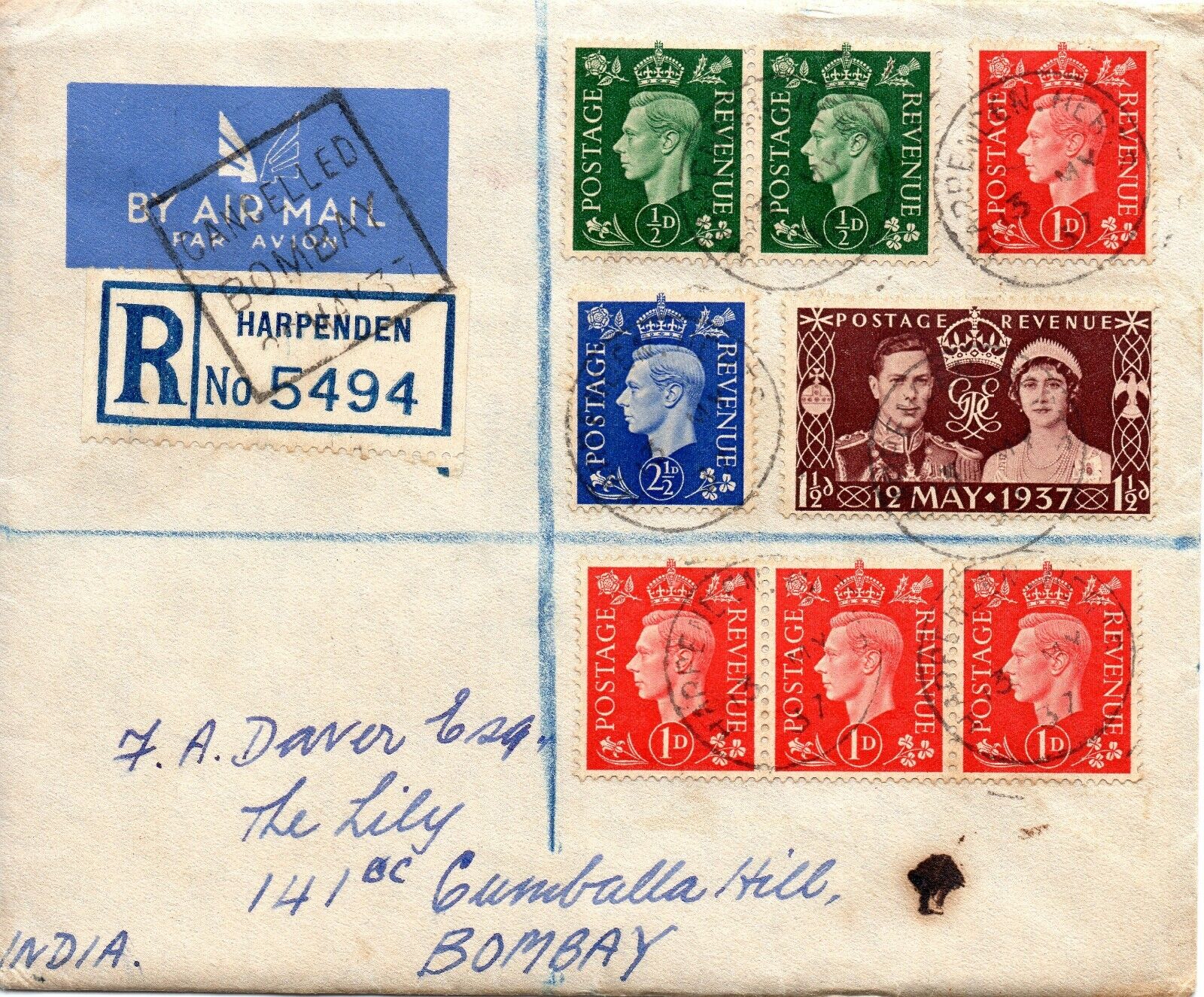 1937 Sg 461 1½ D Rot-Braun Ersttagsbrief Auf Registrierte Post To Bombay, India Super actieprijs, goedkoop