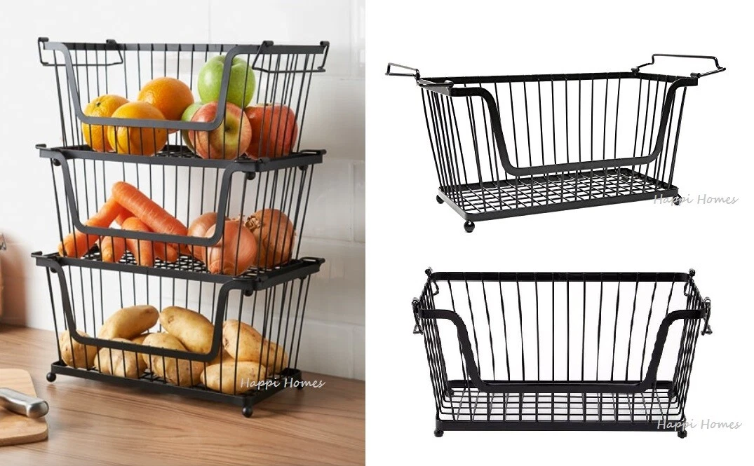 Kitchen Stacking Storage Stackable Basket Metal Organiser Food Fruit Vegetable