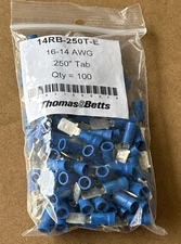 (100-Pk) Thomas & Betts Sta-Kon 14RB-250T-E Vinyl Insulated Male Tab , 14-16 AWG