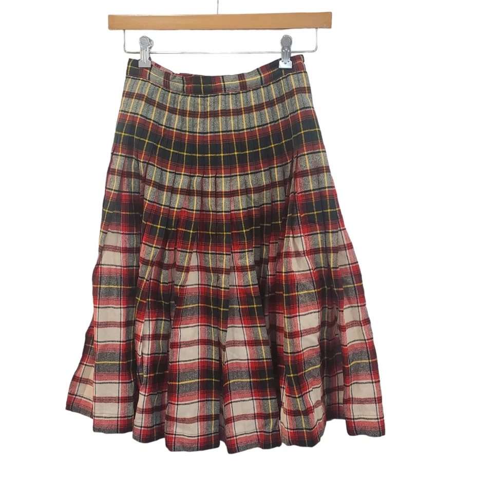 Falda plisada a cuadros de lana vintage de longitud media talla 26 pequeña verde roja hecha a mano Foto 2 de 4