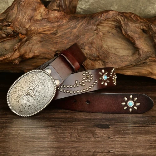 Real Leather Waist Belt Heavy Metal Stone Rivet Studded Unisex Punk Waistband - Picture 23 of 28