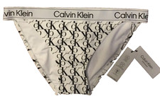Calvin Klein Swimwear Women's UPF50 Bikini Bottom All OverLogo White  Black XL