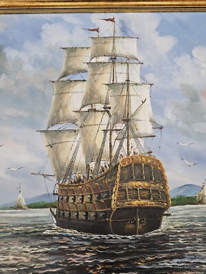 油彩画 帆船 海景画 AMBROSEサイン入り 額装　模写 Original Ambrose Painting Detailed Sailing Ship Framed Signed