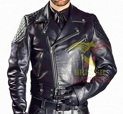 Mens Real Cowhide Bikers Jacket Quilted Panels Schwarz Cuir