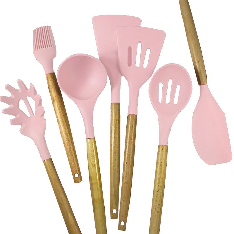 7 piece set of silicone kitchen utensils - Non stick cooking utensils with wood