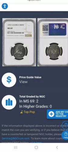 SOUTH KOREA 1992 500 WON , Top Pop NGC MS 69, 1 Of 2