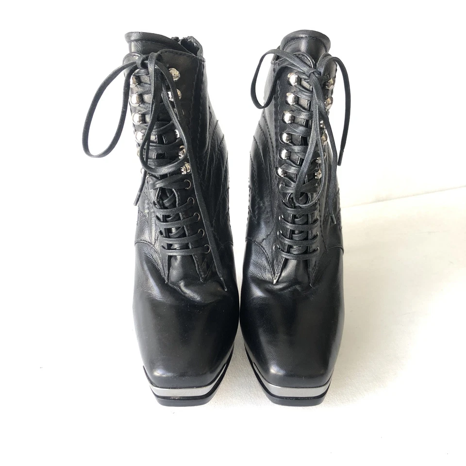 Botas De Tacón Alto Elegantes De Cuero Negras Con Cordones Miu Miu Talla 38.5 - Imagen 2 de 4