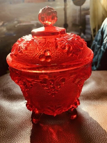 Vintage Jeanette Ruby Red Pressed Glass Leaf & Grape Footed Covered Candy Dish