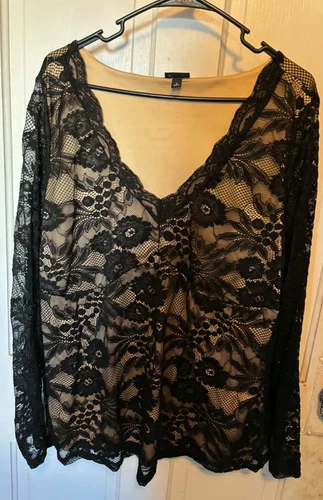 Torrid 2 Black Stretch Lace Long Sleeved w V-neck and nude colored under lay - product listing photo