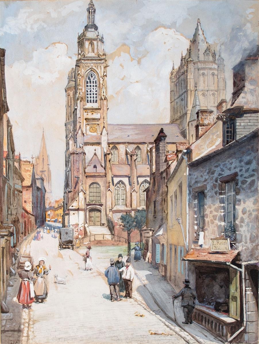 Historical View Street Scene Dutch? unknown signed gouache 1896