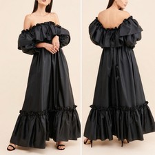 LoveShackFancy Tara Off-the-shoulder Ruffle-trim Taffeta Dress black size 2
