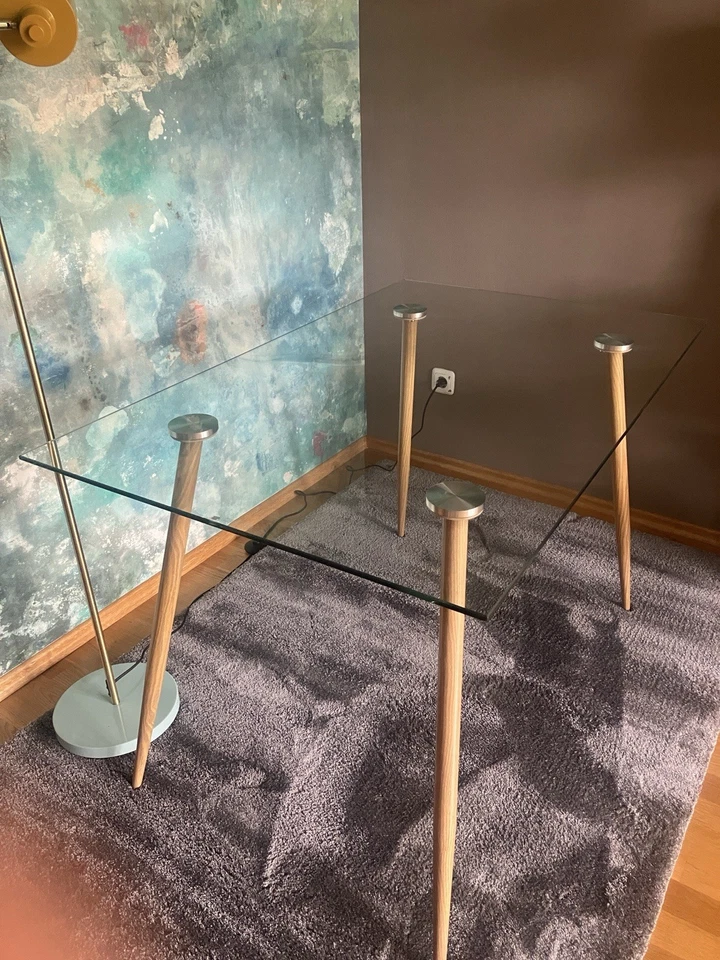 Glastisch Rechteckig 110x70cm, Höhe 73,5cm, Holzoptik