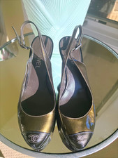 CHANEL Leather Slingback Heels Black/Gold CC Logo Cap Toe EU 39