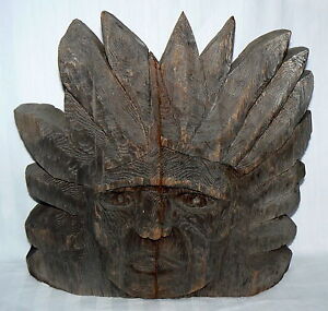 HANDCRAFTED WOOD INDIAN CHIEF HEAD VINTAGE WOODEN CARVED 