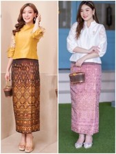 1 set Thai Traditional Blouse Skirt Silk Dress Women Merrit Wedding Temple Lady