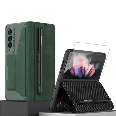 Fr Samsung Galaxy Z Fold6 Fold5 Fold3 Matte Leather Folio Wallet Case Glass Film