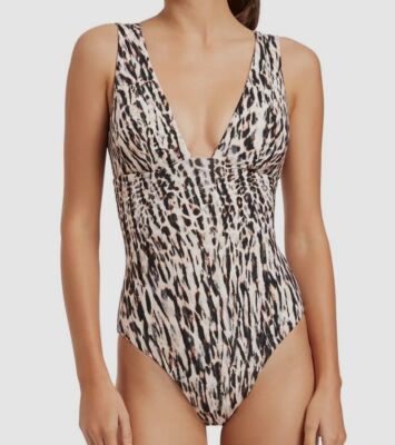 $148 Jets Women's Brown Sahara Plunge Multi-Fit One-Piece Swimsuit AU8 US4