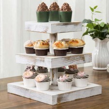 Whitewashed Wood Cupcake Stand, 3-Tier Square Desserts  Appetizer Serving Tray
