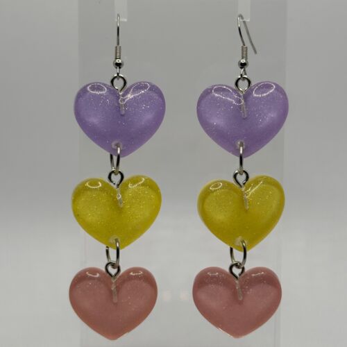 Long Large triple sherbet heart earrings , Glitter, Resin Fun 9.5 cm Long - Picture 53 of 73