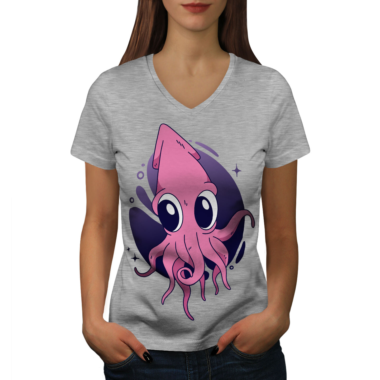 Wellcoda Pink Cartoon Squid Playful Sea Animal Womens V-Neck T-shirt