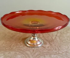 Frank M. Whitting Sterling Silver Pedestal Scalloped Red Amber Glass Cake Dish