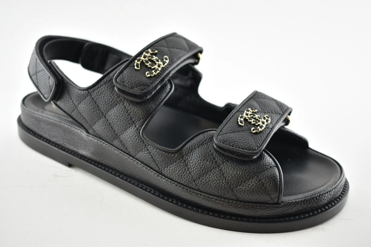 Chanel Black Leather Quilted Chain CC Logo Mule Slide Strap Flat Dad Sandal  39.5