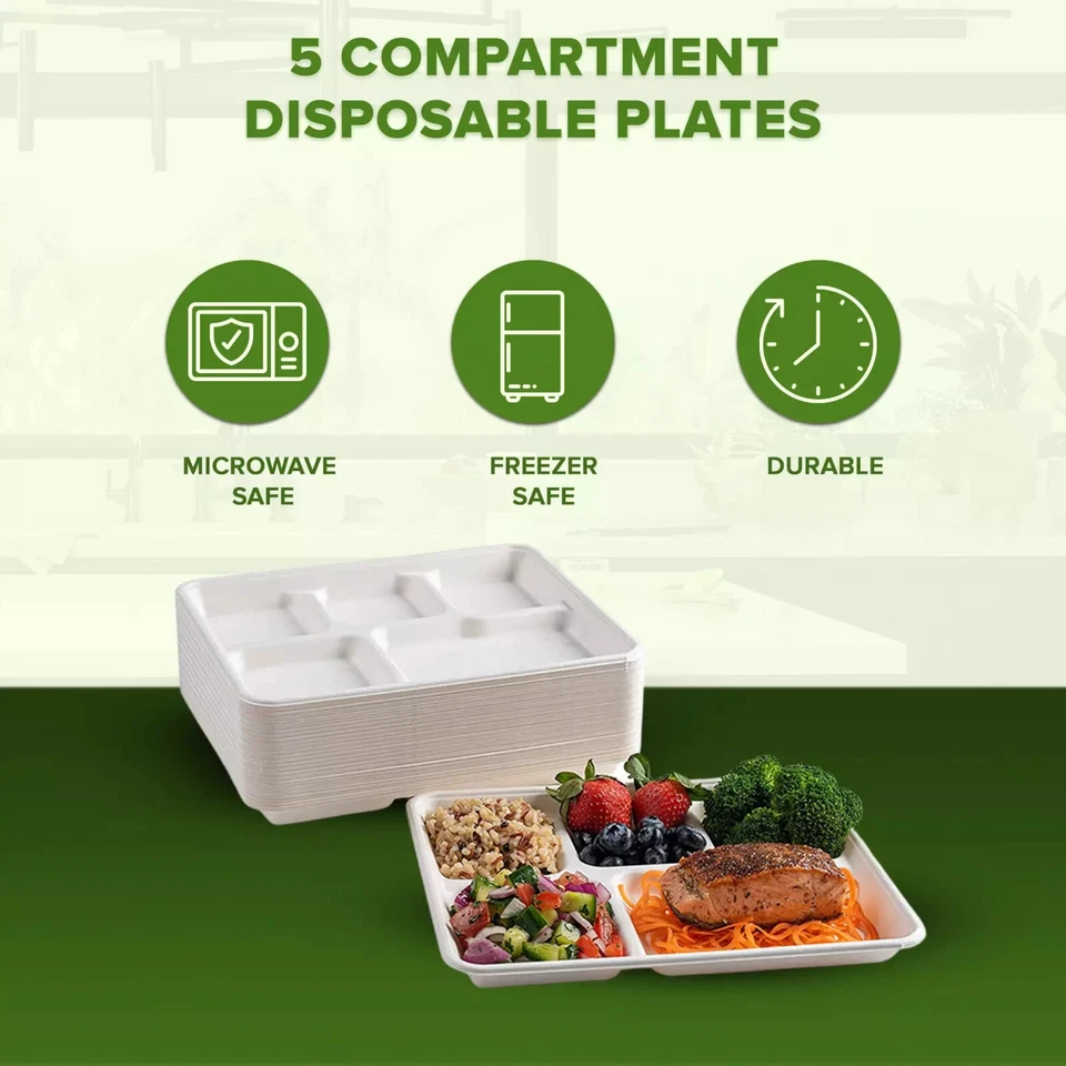 100 X 5 Compartment Plates Biodegradable Bagasse Eco-Friendly Dinner Plates - Image 2 of 4