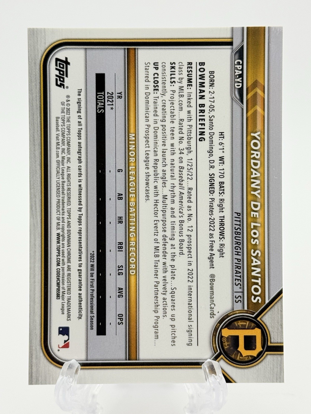 2022 Bowman Chrome Prospect Yordany De Los Santos #CPA-YD 1st Bowman Auto view 2