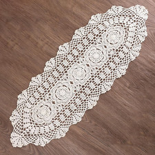 Oval Crochet Lace Table Runner Cotton Floral Doily Beige 12x31.5 Inch