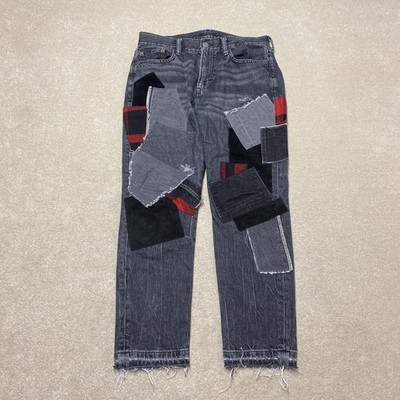 Polo Ralph Lauren Avery Boyfriend Jeans Damen W27 schwarz Patchwork Karo roher Saum