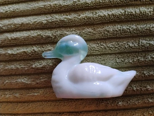 Fenton Art Glass Duck Figurine - Handmade White And Green Swirled Glass