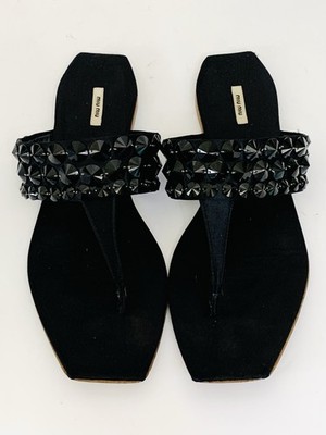 Miu Miu Black Rhinestone Gem Thong Sandals Size 39 US 8.5