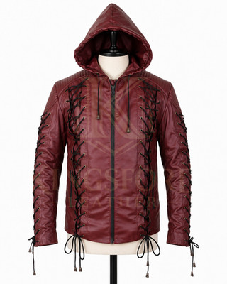 Men's Arrow Arsenal Burgundy Genuine Leather Hooded Jacket Lace Up Custom Made