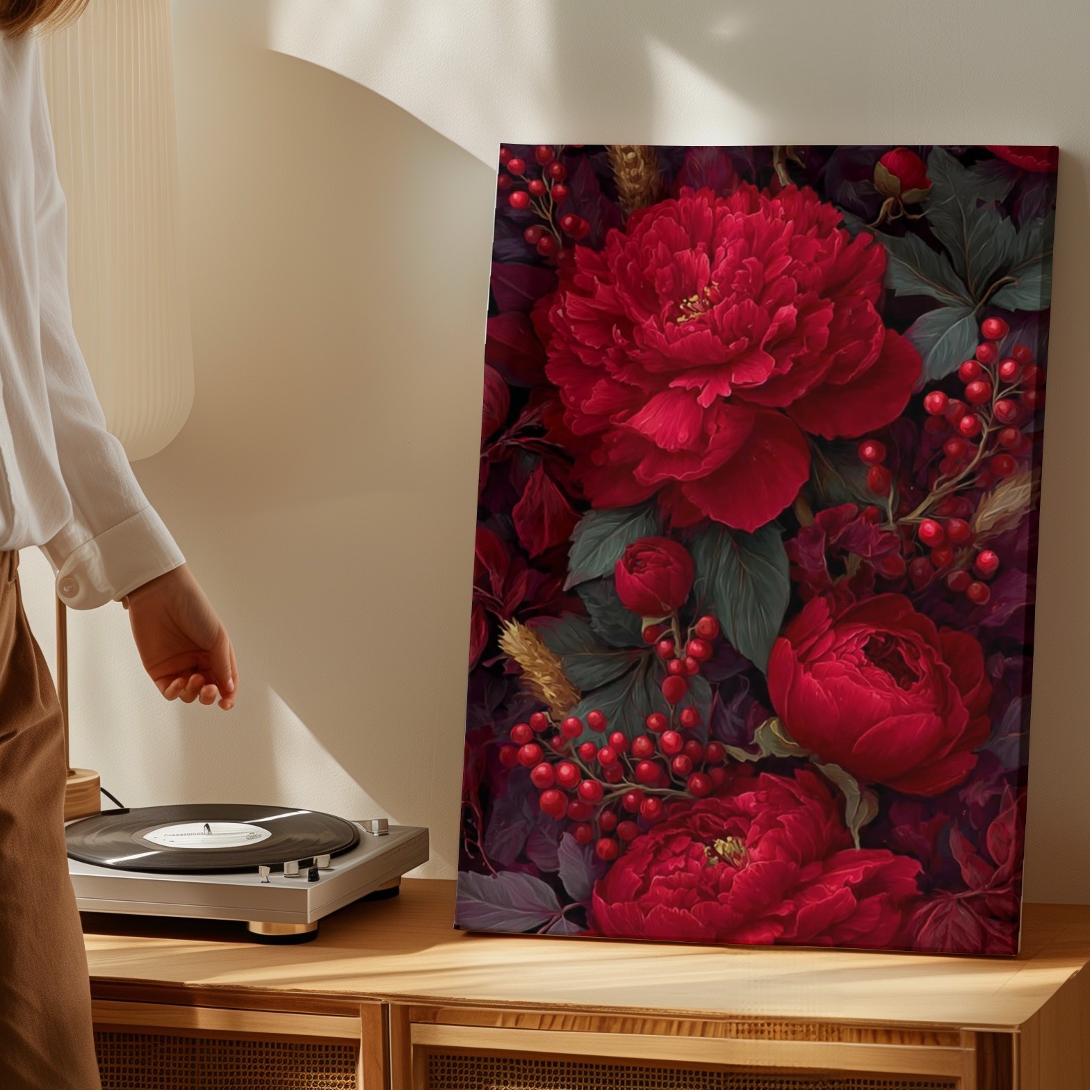 Stampa botanica decorativa arte da parete tela floreale peonia rossa e bacche design foto 6