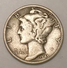 1943 Mercury Winged Head Dime 10 Cents Silver Coin F+