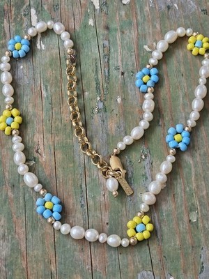 ELIOU Blue Yellow Flower Pearl Necklace Gold Filled details adjustable  16 - 19''