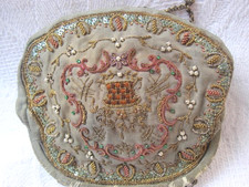 Antique Beaded Embroiered Petit Point Evening Bag Art Deco Style Enameled Clasp