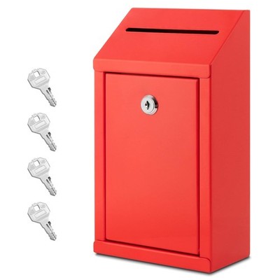 Metal Donation Box Lock Red Wall Mounted Suggestion Cash Drop 4 Keys