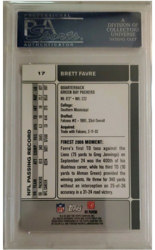 2007 Topps Finest Brett Favre card graded PSA 10 POP 15 - Picture 2 of 2