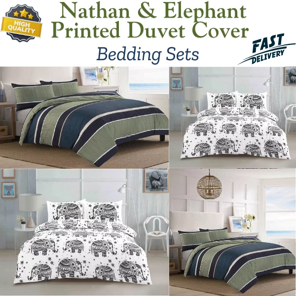 SELLINGSTAR Nathan Blue Green Stripes & Elephant Printed Duvet Cover+Pillowcases Bedding Set