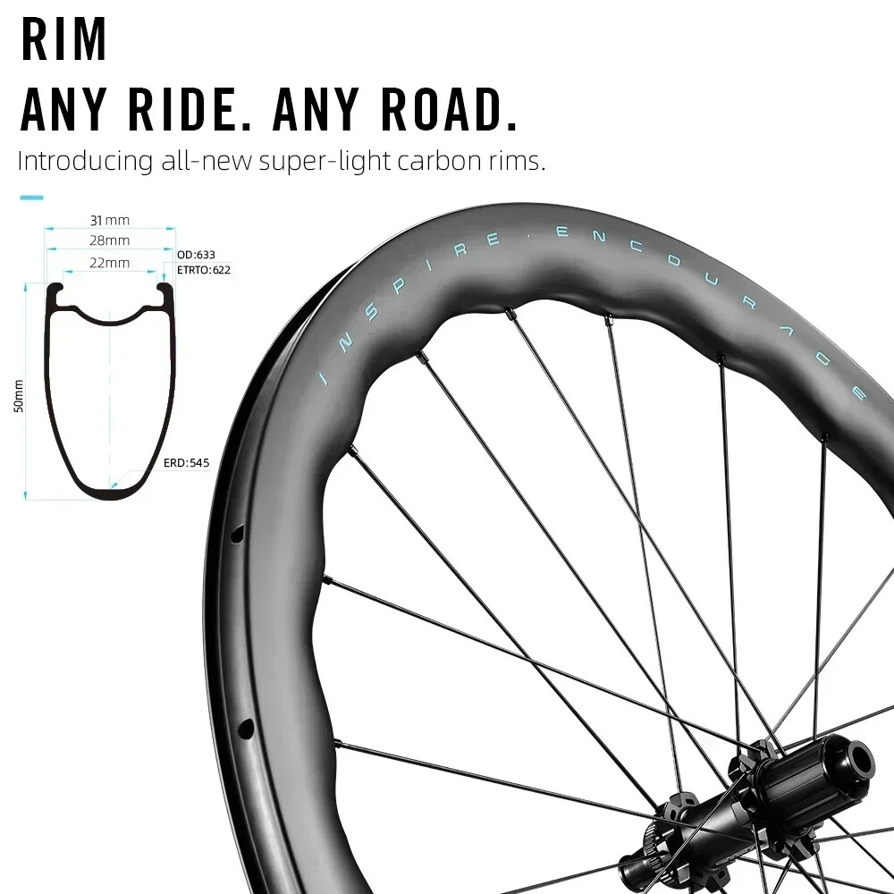 Road bike Carbon Wheels 50mm*22mm Tubeless Clincher Disc Brake 36T