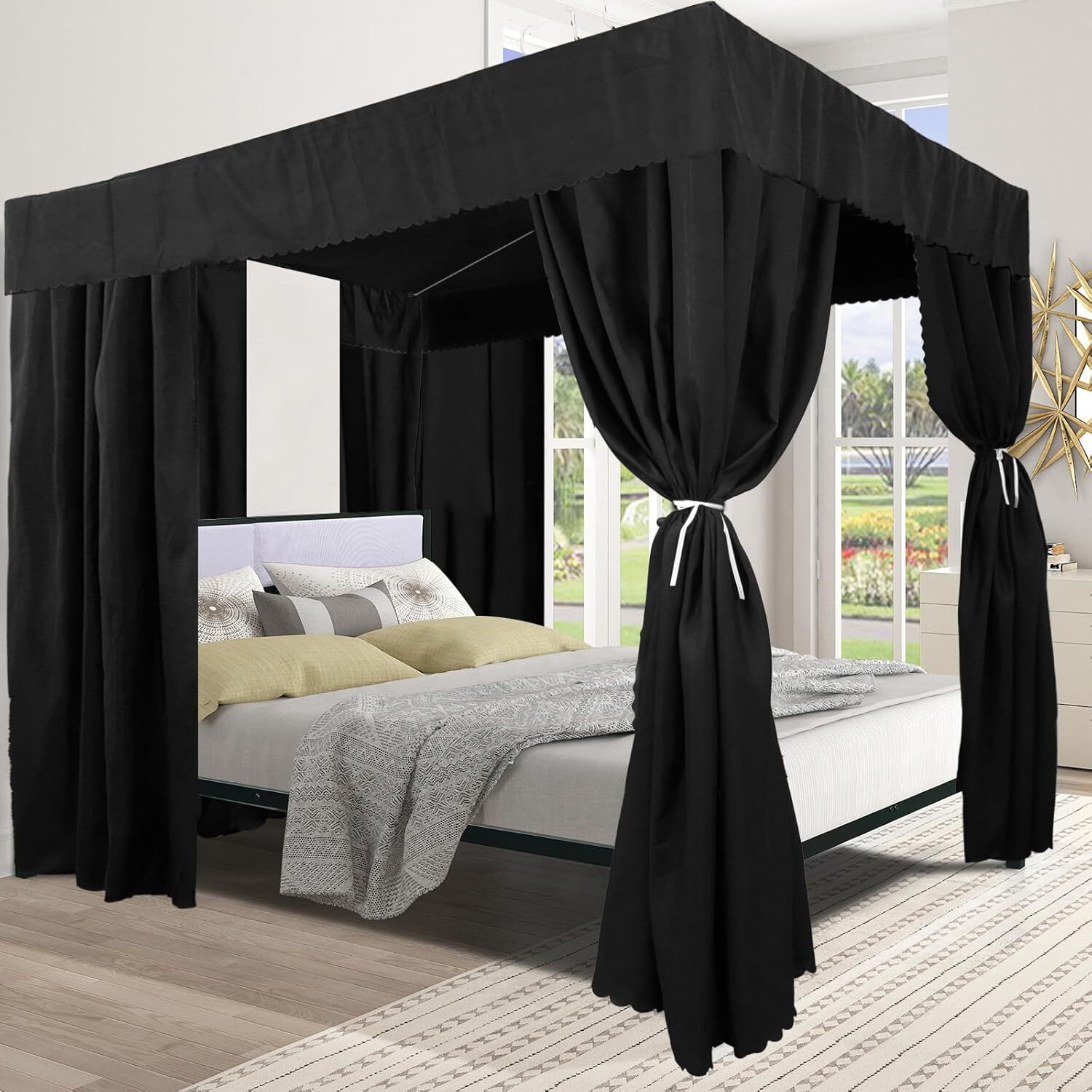 Black Queen Canopy Bed Curtains 90 Lightproof 4 Openings Durable Polyester