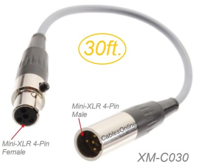 30ft Mini XLR 4-Pin Female to Mini XLR 4-Pin Male Pro Audio Cable