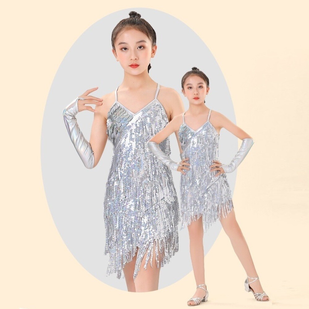 Disfraz de Baile Latino Cha Salón Cha Espectáculo de Carnaval Brillante para Niños (Guantes de Vestir)