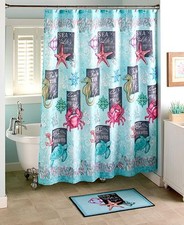 Nautical Sea-life Ship Wheel Shower Curtain Seahorse Crab Anchor Beach Bath Set