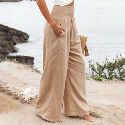 Women's High Waist Cotton Linen Trousers Ladies Casual Baggy Wide Leg Yoga - Picture 15 of 56