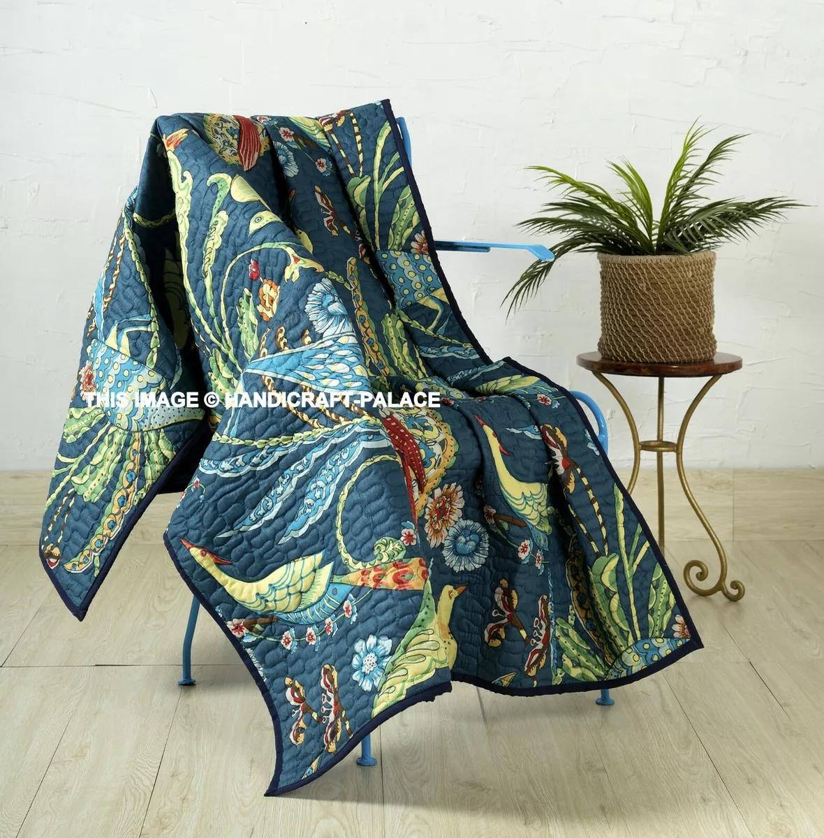 Indian Handmade Blue Bird Kantha Quilt Throw Reversible Sofa Bed