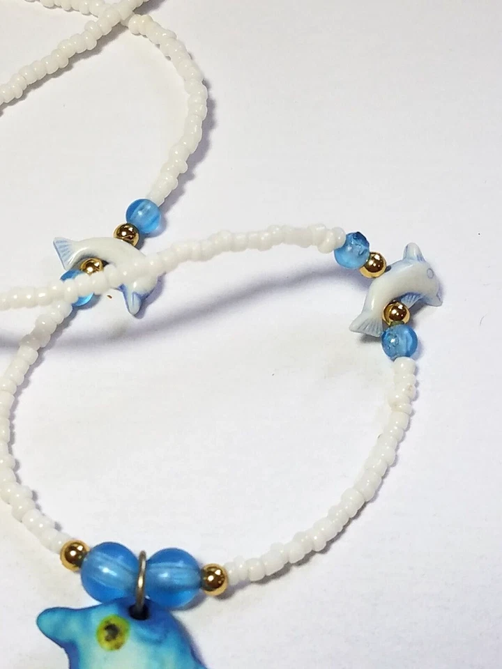 Vintage white seed beads dolphin beads Dolphin Pendant Necklace Handmade Fashion Foto 3 de 4