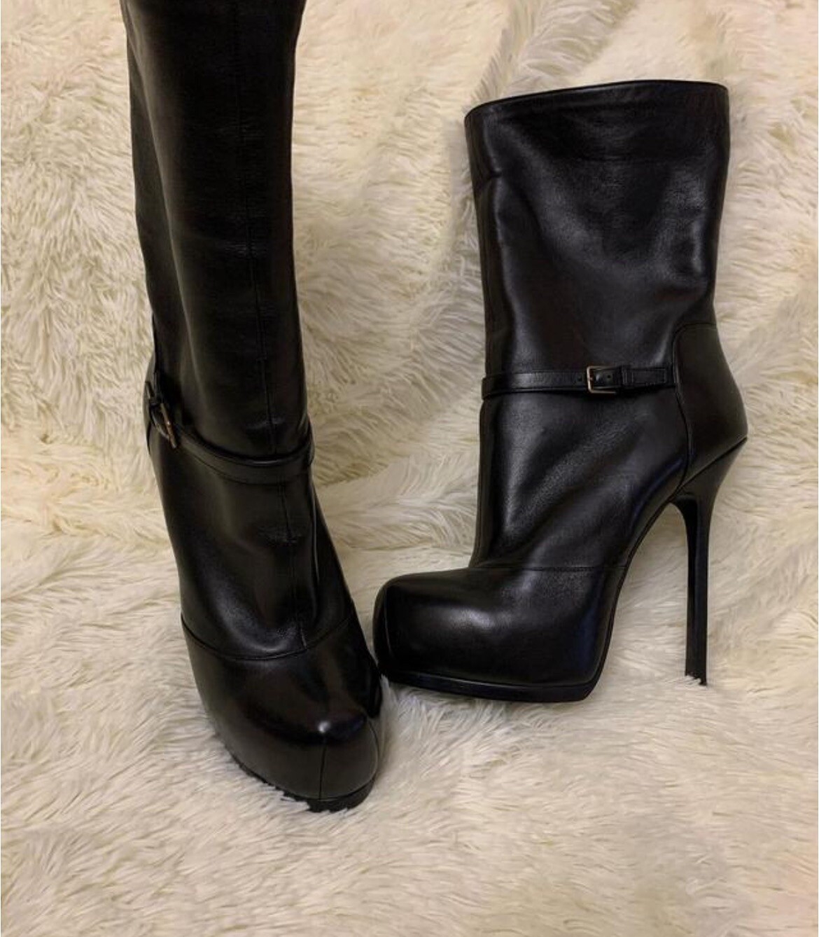 Stivali stiletto Yves Saint Laurent Tribtoo in pelle nera con plateau 36 39 6 8 5